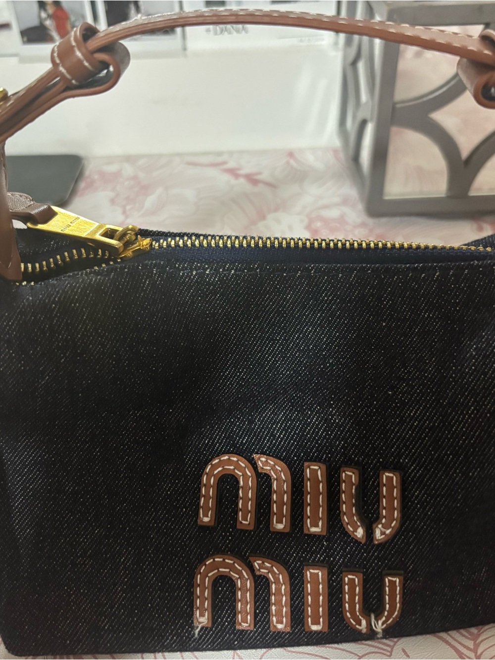 Miu Miu Dark Denim Mini Bag with Brown Leather Trim